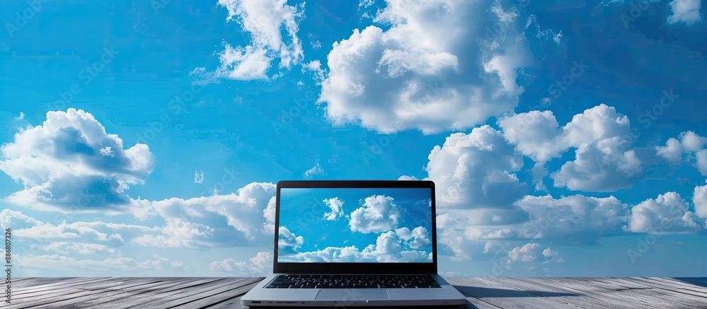 Aufkleber laptop computer displayed against a picturesque blue sky background, allowing for copy space image u