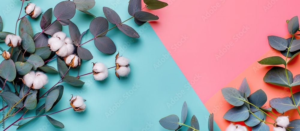 Aufkleber Flat lay composition featuring eucalyptus twigs and cotton flowers on a colorful background with copy space image, creating a floral arrangement.