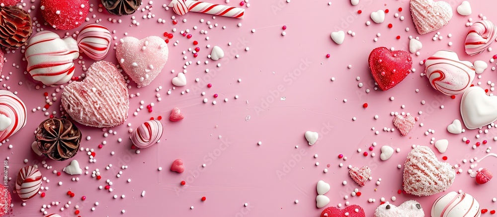 Poster Pink background with Valentine's Day elements and copy space image incorporated.