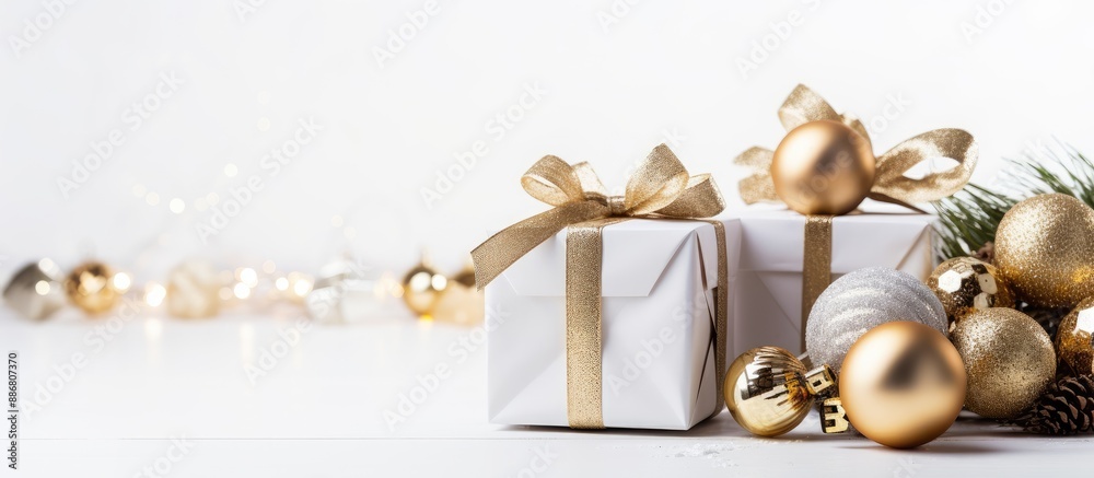 Poster A festive Christmas gift box and ornaments displayed on a white backdrop with a greeting card, providing space for text or additional design elements.