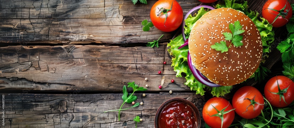 Poster copy space image featuring a vegan zucchini burger and its ingredients on a rustic wood background.