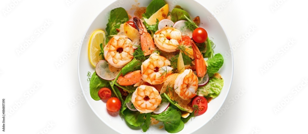 Aufkleber Seafood Caesar Salad with prawns displayed on a white background from above, with ample space for additional images or text.