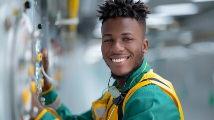 African engineer smiling while solving a technical problem in an industrial environment representing innovation and satisfaction Portrait, Realistic Photo, High resolution, Half-body picture,