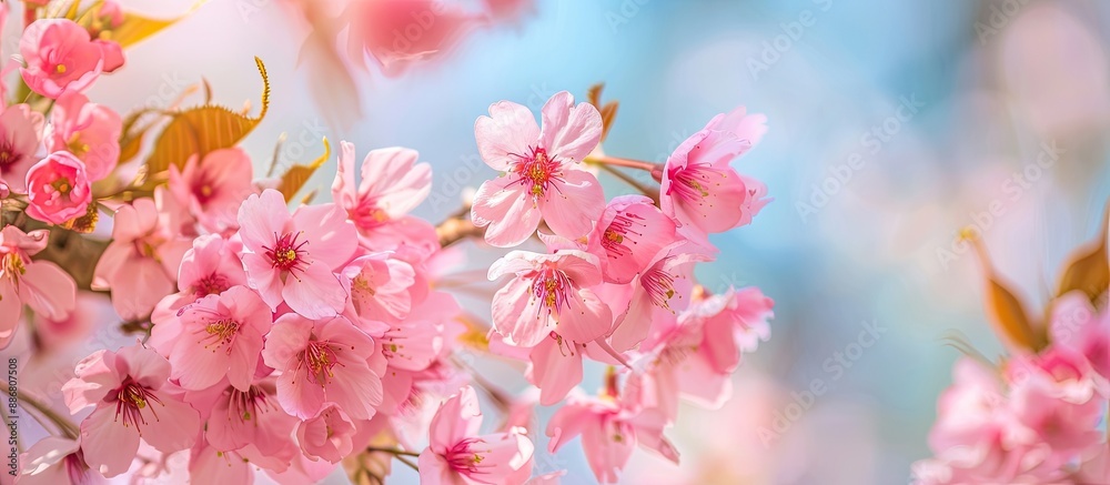 Poster close-up image of sakura tree in full bloom with beautiful pink flowers in spring at a park, set aga