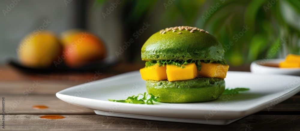 Poster green tea bun with mango sandwich on a white plate with a copy space image.