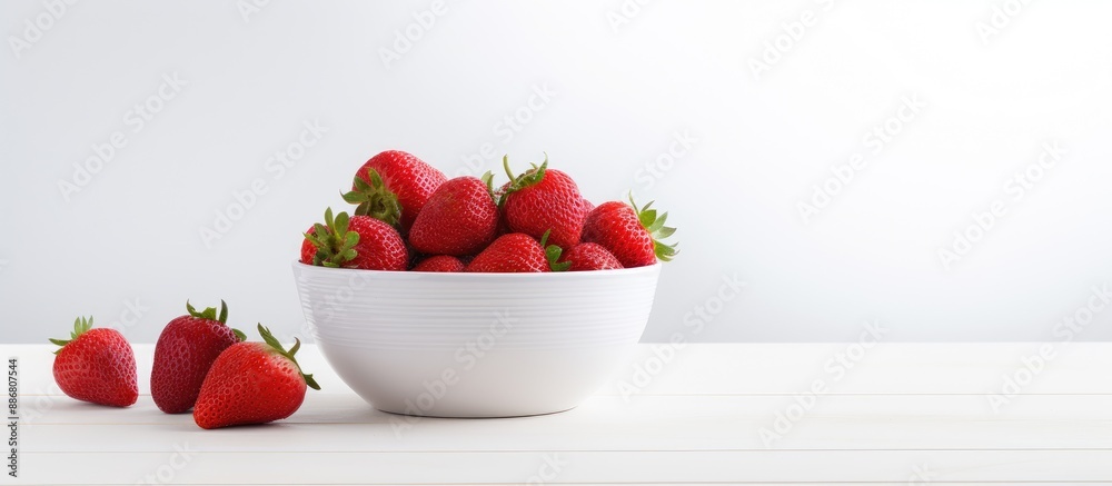 Poster fresh, plump red strawberries on a white backdrop with a contemporary red bowl in a blurred setting,