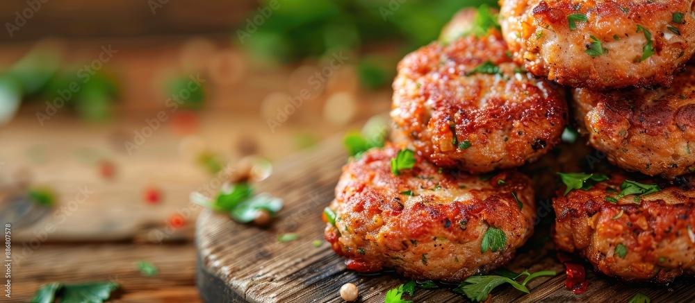 Poster side view close up of minced chicken cutlets on a brown wooden surface with copy space image.