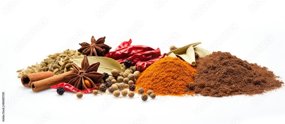 Poster Various spices arranged with blank space for text on a white background for product showcasing or advertisement purposes.