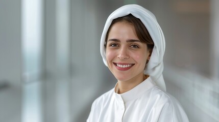 Arab teacher smiling while using technology to teach in a modern classroom representing educational advancement and passion Portrait, Realistic Photo, High resolution, Half-body picture, Minimalism,