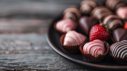 An array of beautifully decorated chocolate candies in vibrant patterns and colors are placed on a tray, showcasing the artistry and delicious appeal of these gourmet treats.