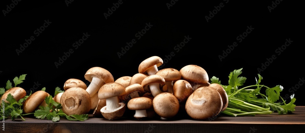 Poster rustic-style setup featuring fresh champignon mushrooms on a wooden board against a black background