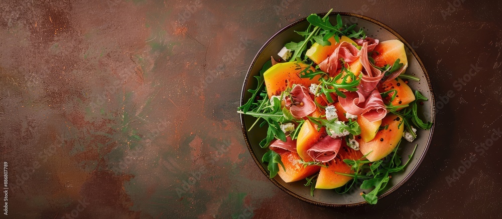 Poster top-down view of a salad featuring melon, jamon, goat cheese, and arugula set against a brown backdr