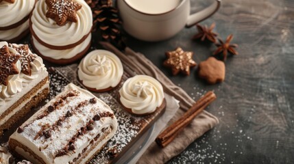 A layered cake topped with cream, surrounded by cream swirl pastries and other sweets, beautifully arranged on a wooden surface to create a festive and comforting scene.