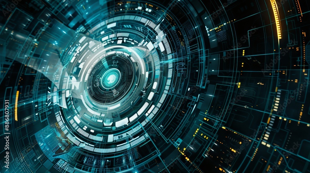 Poster abstract futuristic digital technology interface, centered circular hub with neon lights and data st