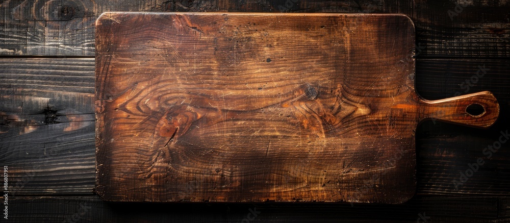 Poster view from above of an aged cutting board placed on a dark wooden table, providing ample copy space i