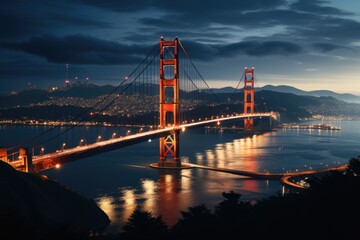 Obraz premium Golden Gate Bridge Tower with the S�o Francisco urban landscape in the backgroun, generative IA