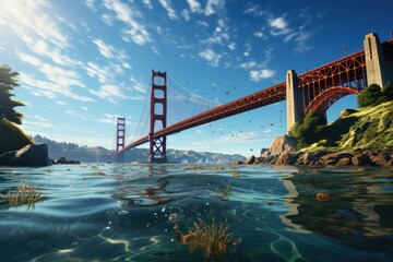 Golden Gate Over River bridge in the city against the sky, generative IA