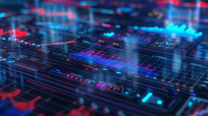 Obraz premium Close-up of a futuristic digital interface displaying data visualization, glowing lights, and abstract technology elements in blue and red tones.