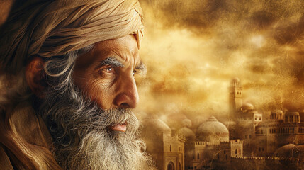 A prophet of God with blurred background of an ancient city