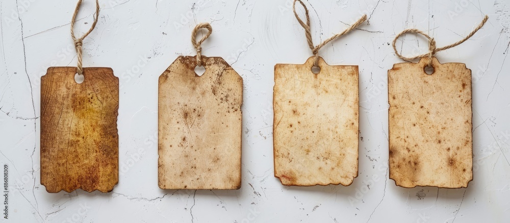 Poster vintage tags and labels with textured and stained details on a white background, perfect for a copy 