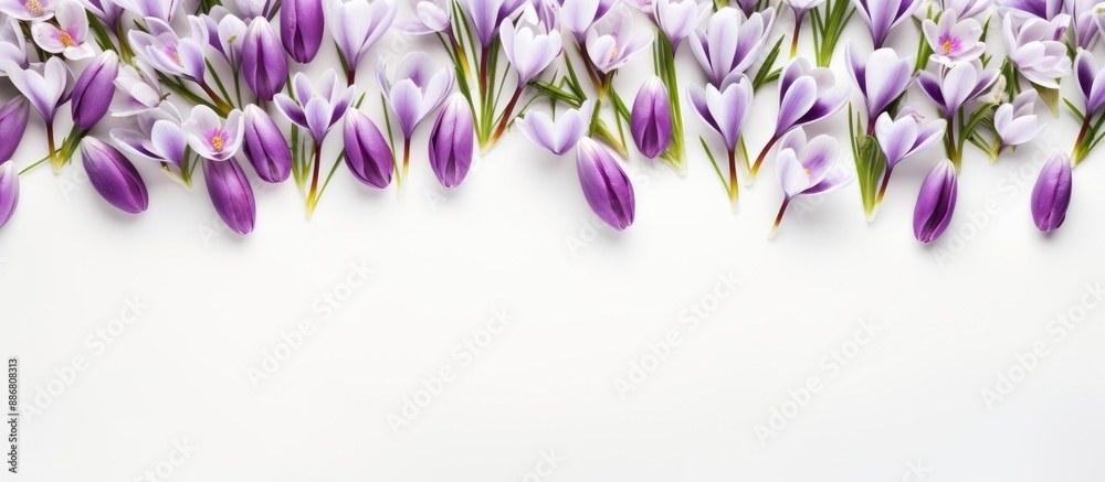 Aufkleber Top-down view of lovely spring snowdrops and violet crocuses arranged on a white backdrop, with ample room for text in the image.
