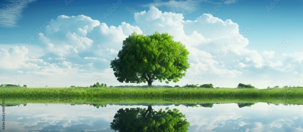 Poster A small white cloud drifts in the gap between two lush green trees against a blue sky, creating a serene scene with copy space image.