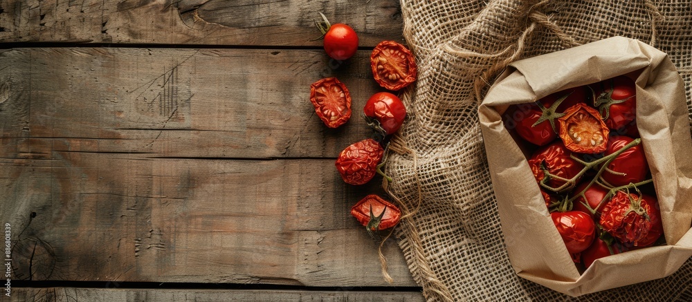 Poster Top view of dried tomatoes placed on kraft paper in an envelope on a wooden table with a sackcloth covering, leaving room for additional image elements.