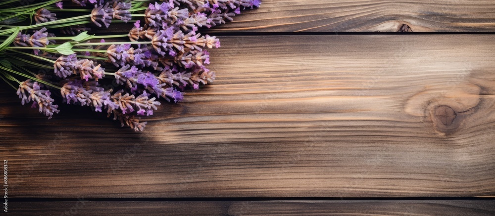 Poster A bouquet of lavender dried flowers displayed on a wooden table with a background suitable for adding text or images - copy space image.
