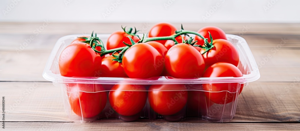 Poster shopping concept with fresh tomatoes in plastic packaging placed on a white wooden surface, creating