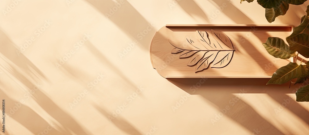 Poster top-down view of a wooden podium with leaf shadows on a beige backdrop, ideal for product showcasing