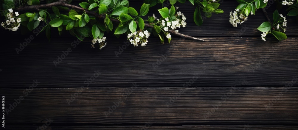 Poster Top view of spring branches with small green leaves on a dark wooden background, creating a visually appealing copy space image.