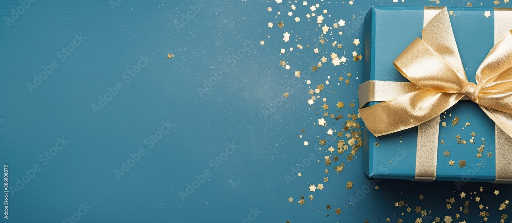 Fototapete top-down view of a blue gift box with a golden ribbon against a blue background in a banner format, 