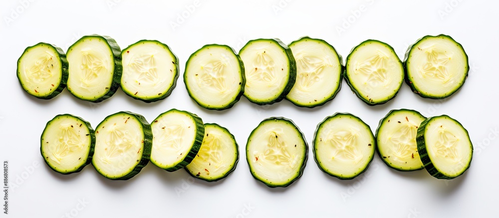 Poster Top view of freshly sliced zucchini on a white background with ample copy space image for text.