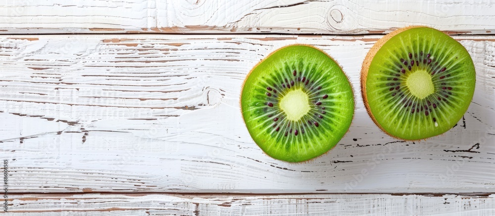 Poster Two kiwifruit halves displayed on a white wooden background with space for additional content in the image.