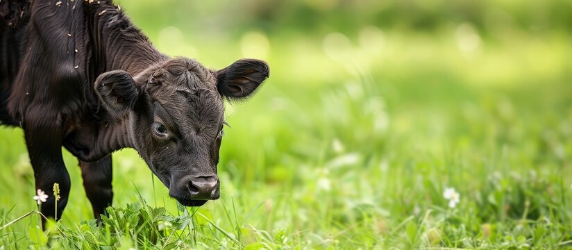 A black calf of a meat breed grazing on a lush summer green meadow with space for customized text or image.