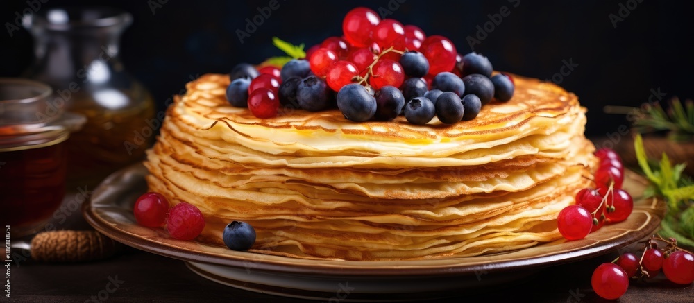 Wall mural Thin round pancakes on a plate prepared for Maslenitsa celebration, a Russian tradition involving eating pancakes adorned with honey, butter, and berries with a copy space image.