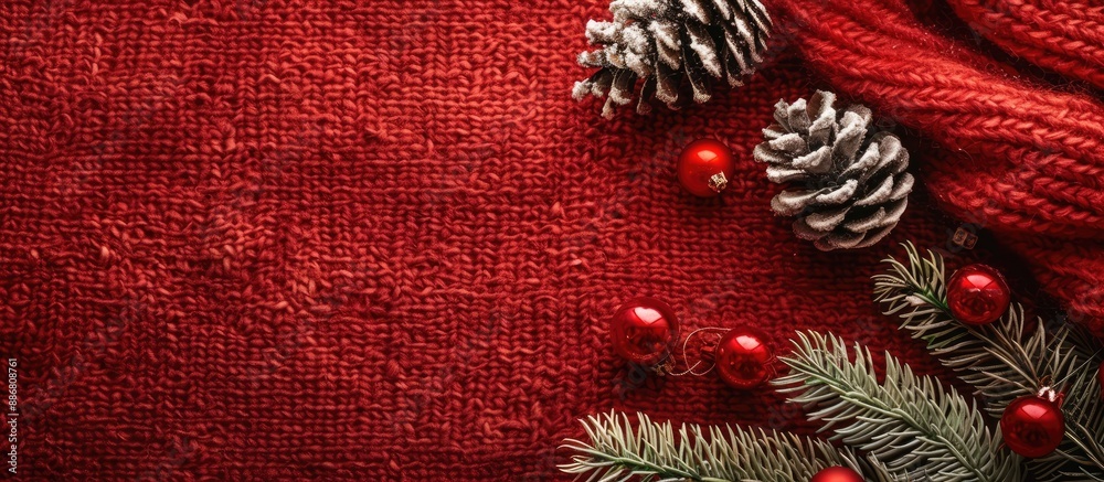 Poster Seasons greetings typed on a red background with a knitted texture, perfect for a copy space image.