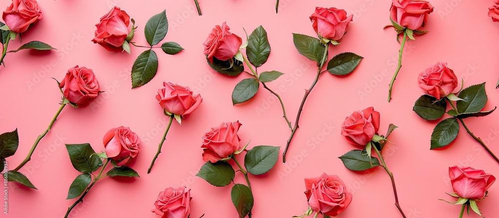 Aufkleber top-down flat lay view of roses arranged on a pink background with space for graphic elements, like 