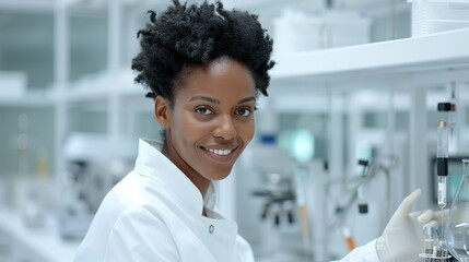 African scientist smiling while examining samples in a cutting-edge lab representing scientific curiosity and dedication Portrait, Realistic Photo, High resolution, Half-body picture, Minimalism,