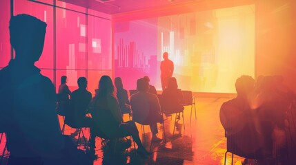 Silhouettes of people attending a presentation with vibrant lighting, showcasing modern event ambiance and creative conference atmosphere.