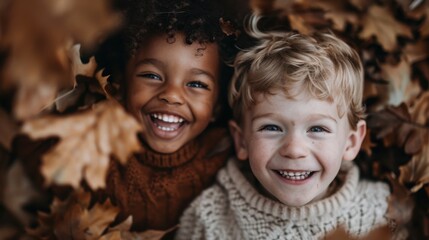 A child lying on the ground covered in dry autumn leaves, warmly dressed in a knitted sweater, captures the essence of the fall season and the warmth of childhood moments.