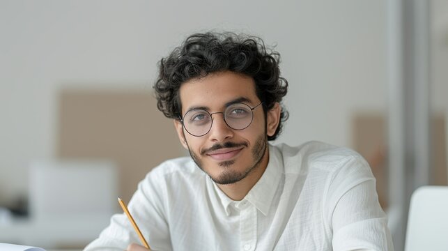 Arab architect smiling while sketching a new design in a creative environment representing architectural creativity and satisfaction Portrait, Realistic Photo, High resolution, Half-body picture,