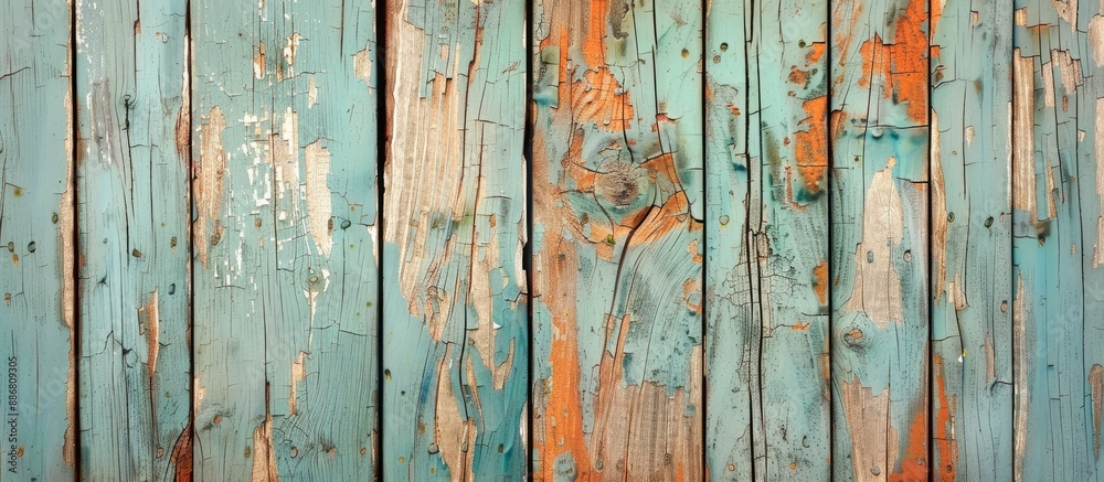 Poster Vintage vertical wooden boards with peeling paint, creating a rustic backdrop for a copy space image.