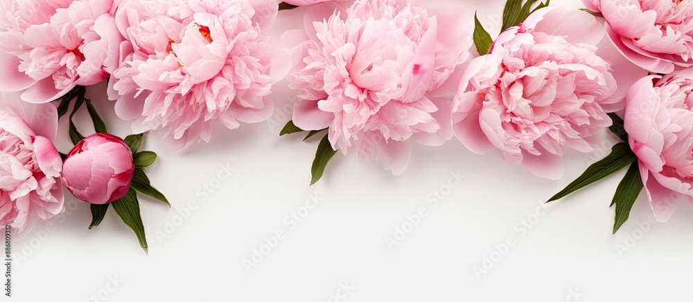 Poster pink peony flowers in full bloom on a white backdrop, creating a floral flat lay with a top view, pe