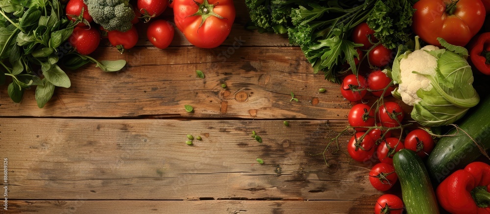 Aufkleber Fresh vegetables displayed on a wooden surface with ample copy space image.