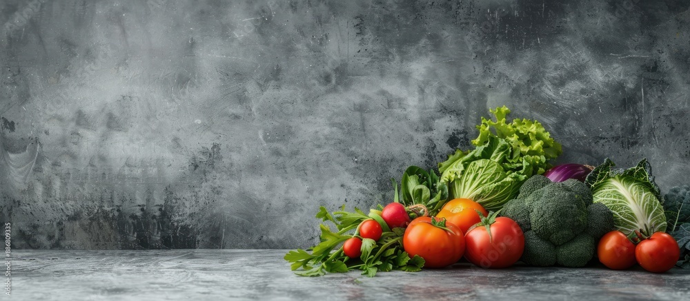 Poster Fresh vegetables displayed on a concrete surface with empty space for text or images in the background.