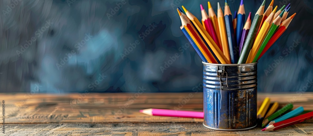 Poster colorful pencils arranged in a tin can on a table with space for a copy space image.