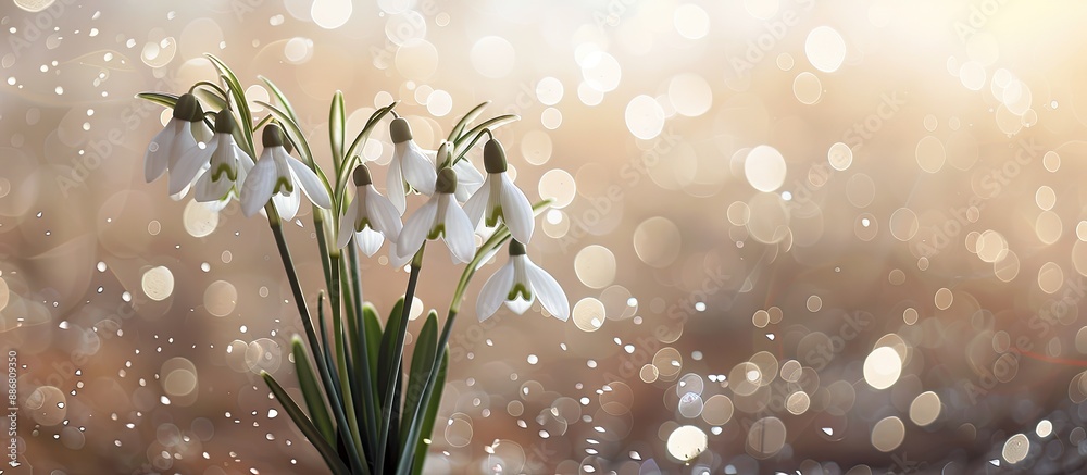 Poster Snowdrops bouquet on a sparkling bokeh background with copy space image.