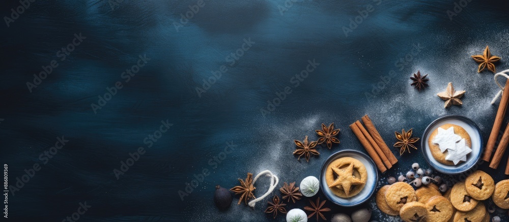 Poster holiday baking table with dark blue xmas theme as a background for baking cookies, equipped with ing