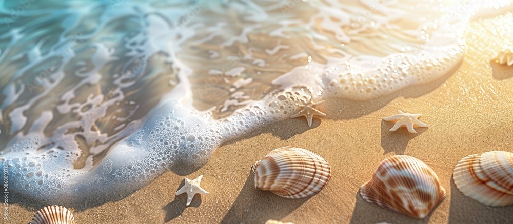 Aufkleber sandy beach backdrop with seashells and a summer vacation theme, perfect for adding text or images.
